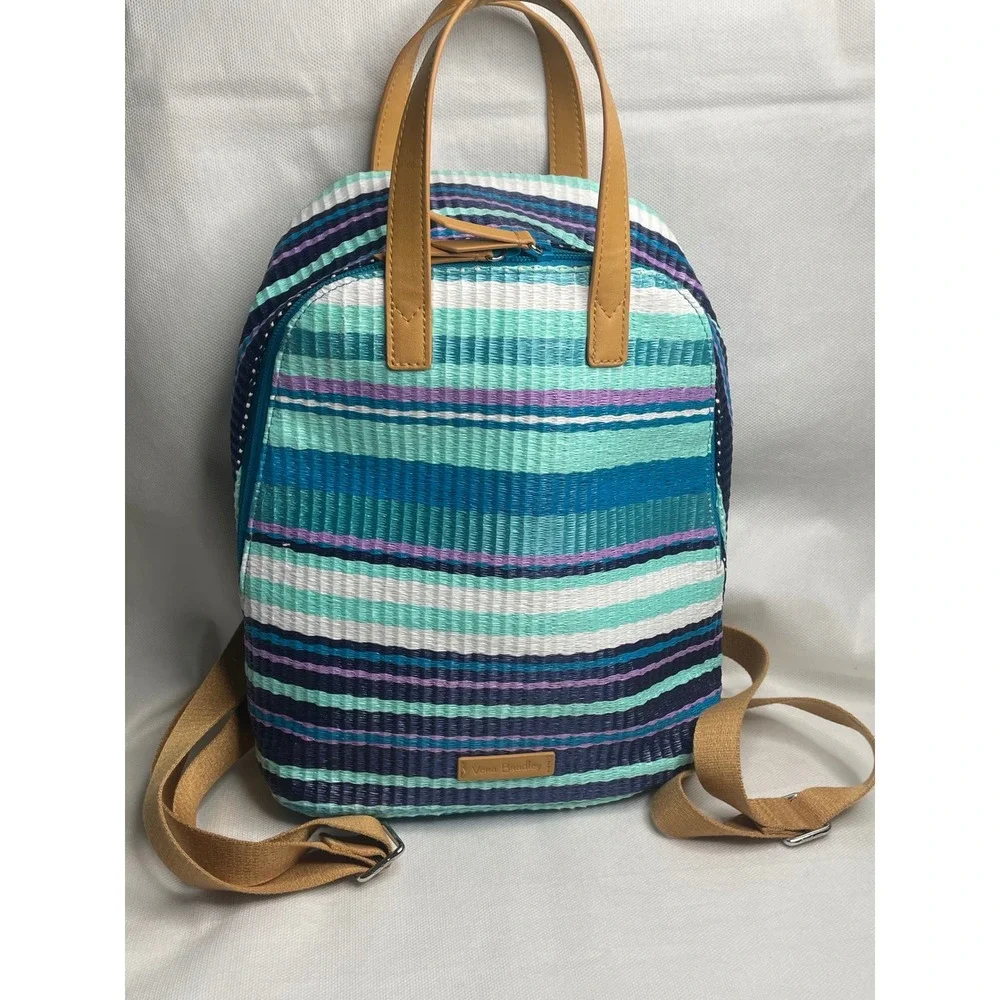 Vera Bradley Straw Mini Totepack Spring Mint Stripe Teal Blue White Backpack Bag